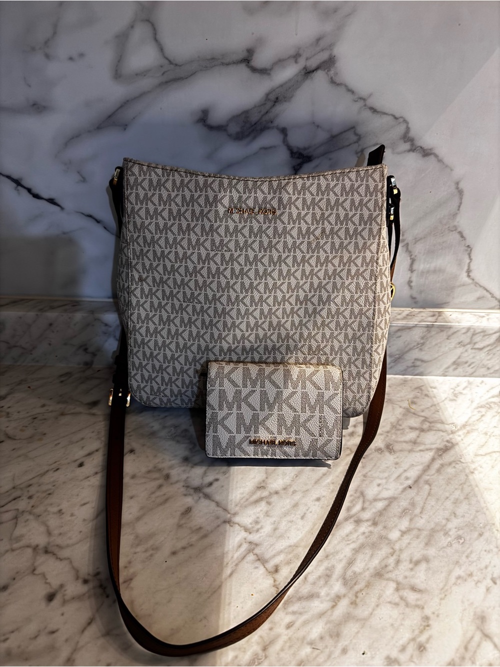 Michael Kors MK Signature Crossbody with Brown Strap and Matching Wallet